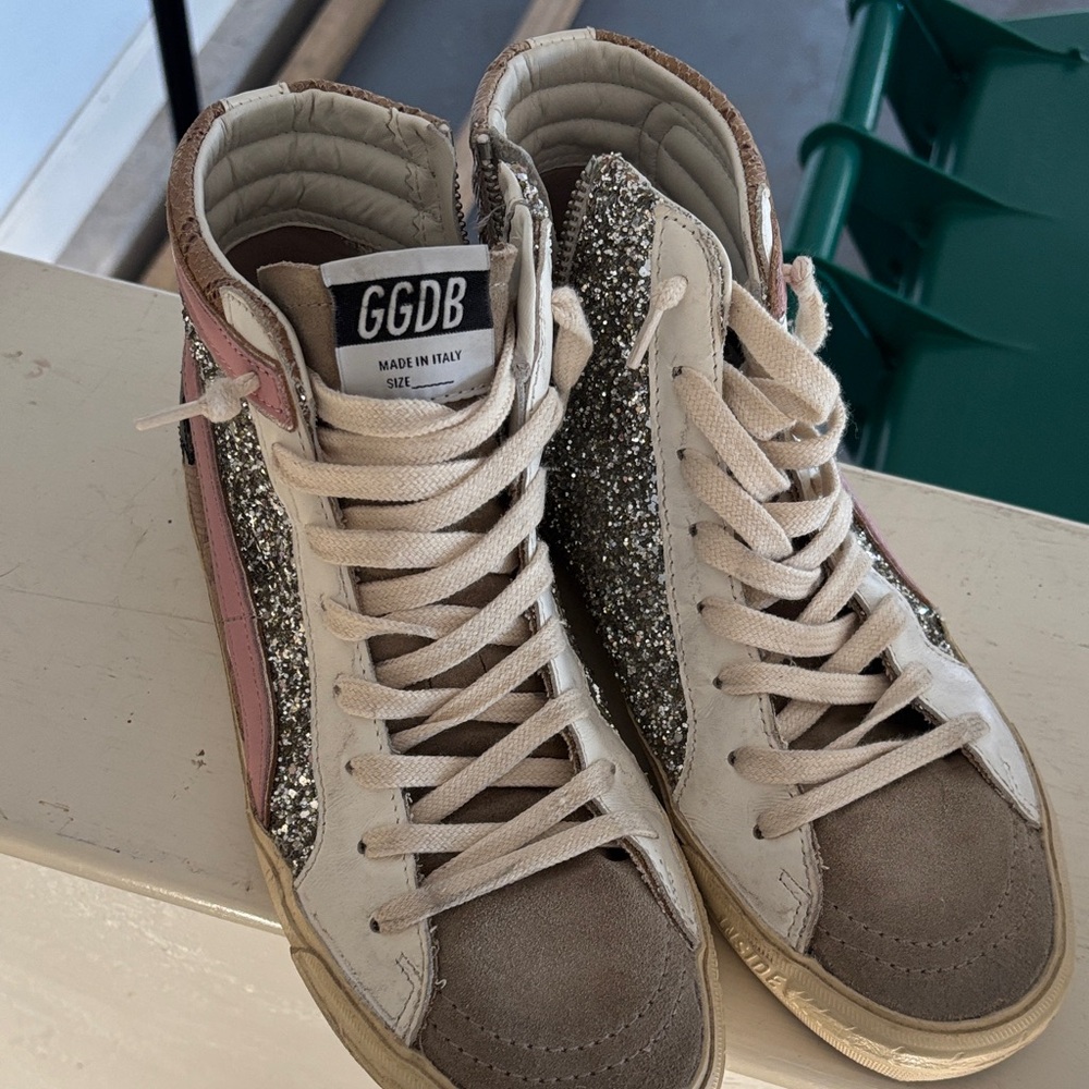 Golden Goose High-Top Sneakers in Pink, Silver, Cream